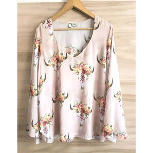 Show Me Your MuMu Floral Bull Skull V-Neck Blouse in Blush Pink
